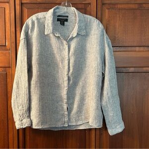 Women’s Tahari Light Gray European Flax 100% linen button up shirt size Large